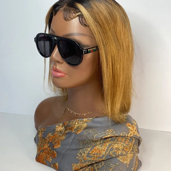 GUCCI GG0767S aviator sunglass comes in a shiny black frame with grey lenses. GG0767S 002 Black/Brown main image 2
